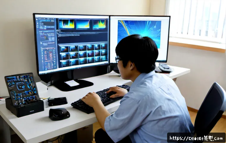 고봉동 STATUS_KERNEL_LOG_FAILURE - Photorealistic IT support workstation in a quiet suburban Goyang office, technician studying a deskt...