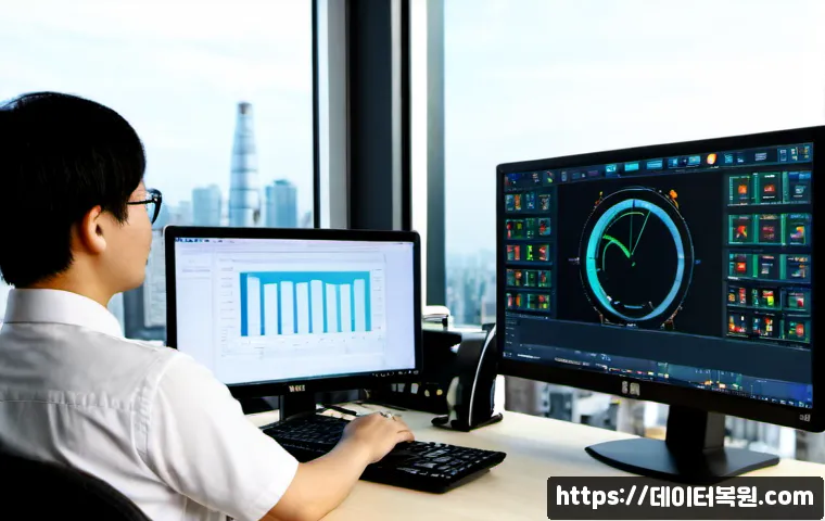 송파구 HARDWARE_INTERRUPT_STORM - Photorealistic IT support workstation in a modern Songpa district office, dual monitors showing abst...