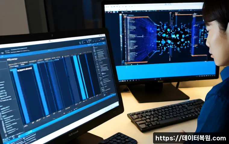 갈월동 STATUS_KERNEL_DEBUG_FAILURE - Photorealistic IT support workstation in a compact Galwol-dong office, dual monitors showing abstrac...
