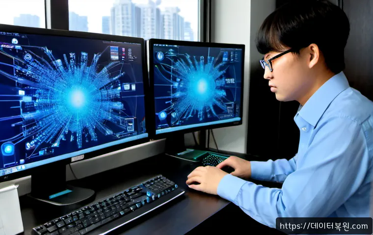 동자동 STATUS_INVALID_THREAD - Photorealistic IT support workstation in a compact Dongja-dong apartment office, dual monitors showi...