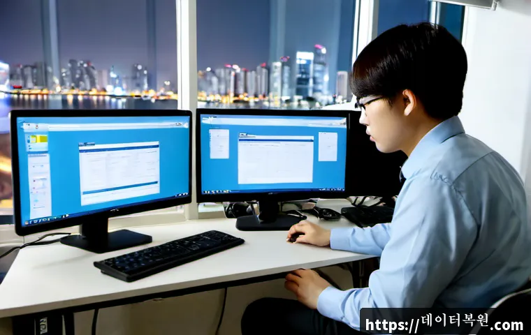 흥인동 STATUS_PAGE_FAULT - Photorealistic IT support workstation in a compact Dongdaemun-area office, dual monitors showing a b...