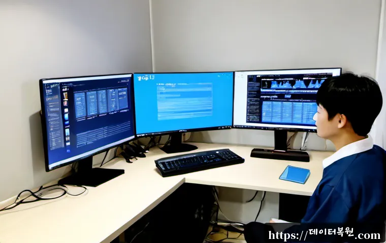 북한동 DRIVER_IRQL_NOT_LESS_OR_EQUAL - Photorealistic IT support workstation in a compact Bukhan-dong apartment office, dual monitors showi...