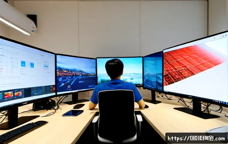 예관동 STATUS_STACK_OVERFLOW - Photorealistic remote-support workstation in a compact Ye-gwan-dong office, dual monitors showing ab...
