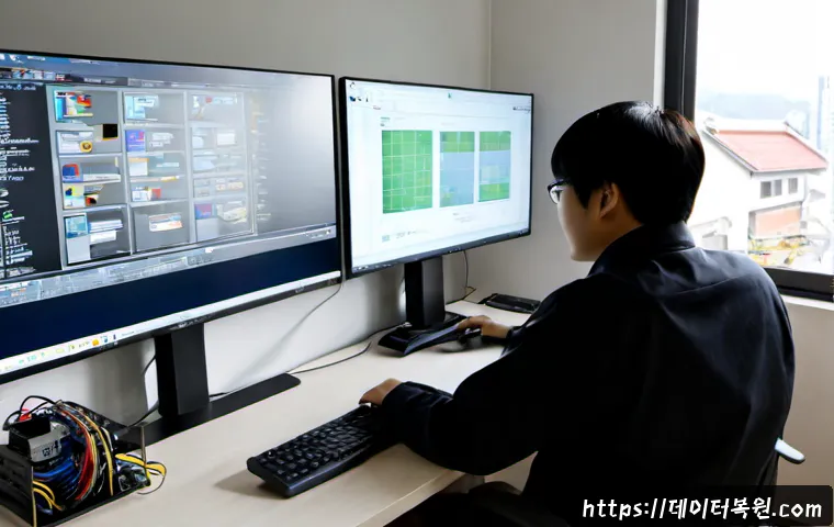 문봉동 모니터화면 안나옴 - Photorealistic remote-support workstation in a compact Korean office, dual monitors with one complet...