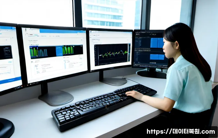 덕은동 CDFS_FILE_SYSTEM - Photorealistic modern IT workstation in a Daegeun-dong office, dual monitors showing a clean abstrac...