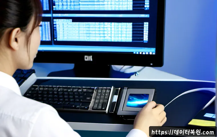 능동 FAT32_FILE_SYSTEM - Photorealistic IT technician at a modern workstation, carefully connecting a compact external drive ...