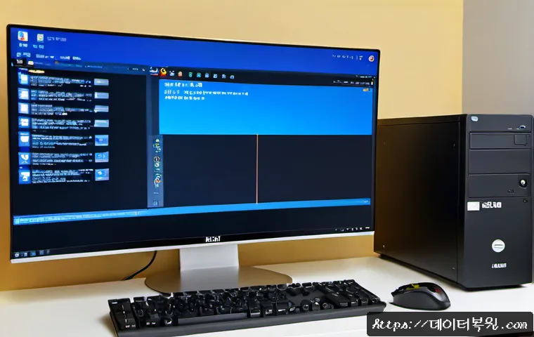 훈정동 INACCESSIBLE_BOOT_DEVICE - Photorealistic IT support workstation in a compact Hunjeong-dong office, desktop monitor showing a b...