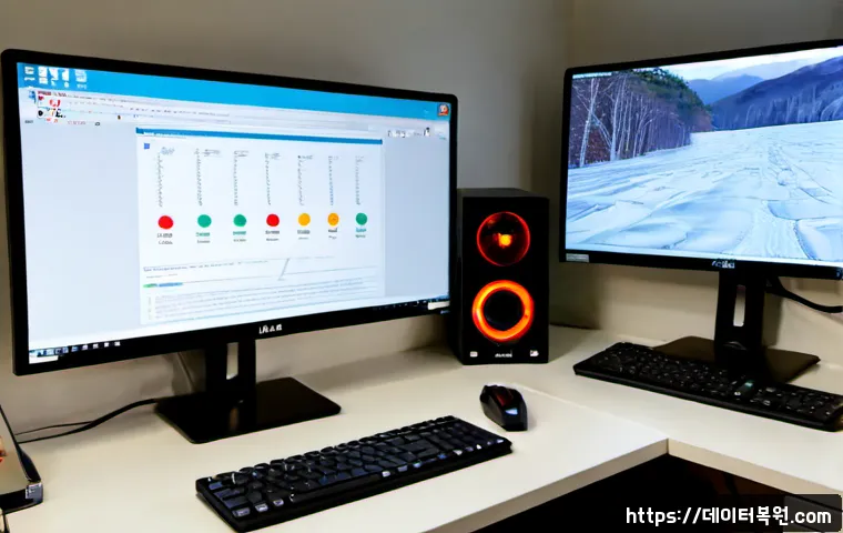 신영동 WATCHDOG_VIOLATION - Photorealistic IT support workstation in a compact apartment office, dual monitors showing a frozen ...