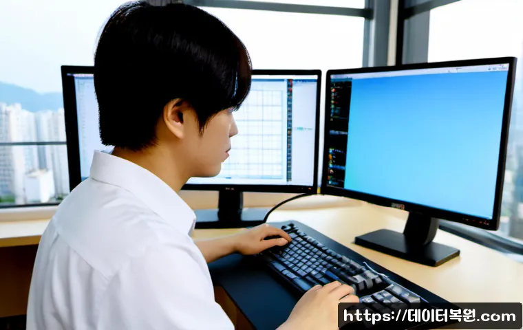 노원구 STATUS_IO_TIMEOUT - Photorealistic IT support workstation in Nowon-gu, Seoul, a focused technician using a dual-monitor ...