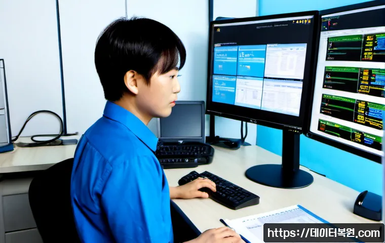 의주로 SYSTEM_LICENSE_VIOLATION - Photorealistic IT support workstation in a compact Euljiro office, dual monitors showing abstract so...