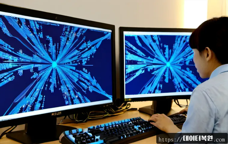 사당동 KMODE_EXCEPTION_NOT_HANDLED - Photorealistic IT support workstation in a compact Sadang-dong office, dual monitors showing a froze...