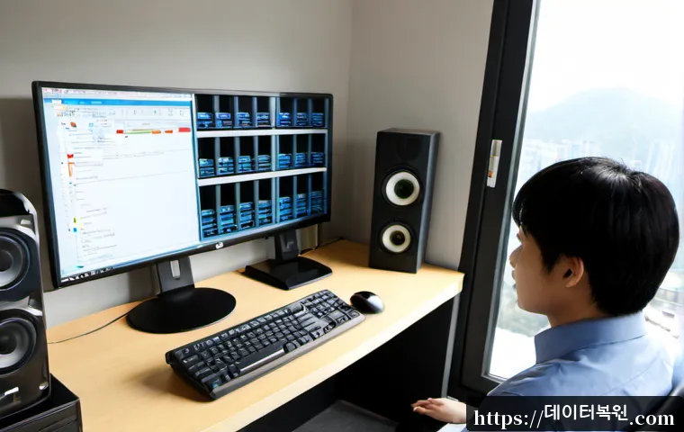 인수동 STATUS_STACK_OVERFLOW - Photorealistic IT support workstation in a compact hillside neighborhood office, dual monitors showi...