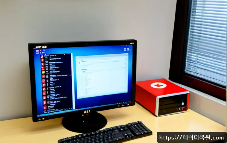 와룡동 IO_DEVICE_ERROR - Photorealistic IT support workstation in a compact Waryong-dong office, dual monitors showing a clea...