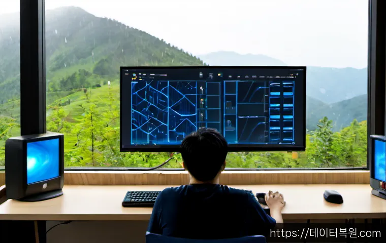우이동 STATUS_KERNEL_CONFIGURATION_ERROR - Photorealistic remote IT support workstation in a quiet mountain-edge neighborhood, dual monitors sh...