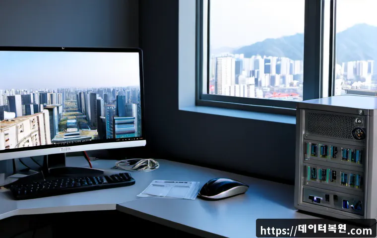 가양동 STATUS_SYSTEM_FILE_MISSING - Photorealistic IT support workstation in a modern Gayang-dong office, dual monitors showing a blank ...