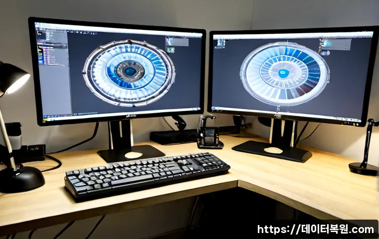필동 SOFTWARE_EXCEPTION - Photorealistic software support workstation in a compact Pil-dong design studio, dual monitors showi...