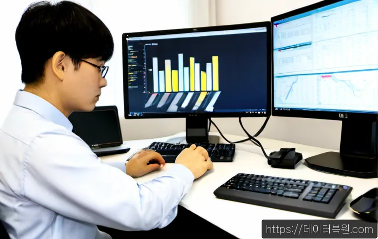 충현동 STATUS_PAGE_FAULT - Photorealistic IT support workstation in a compact Korean office near Chungjeong-dong, dual monitors...