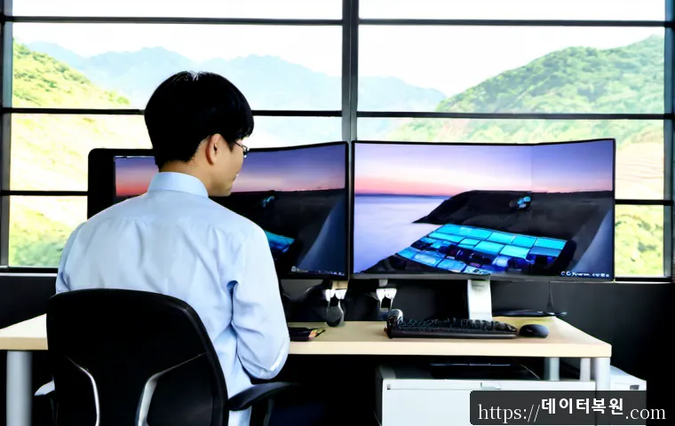 신교동 STATUS_MODULE_CORRUPTION - Photorealistic IT support workstation in a quiet Seoul hillside office near Singyo-dong, dual monito...