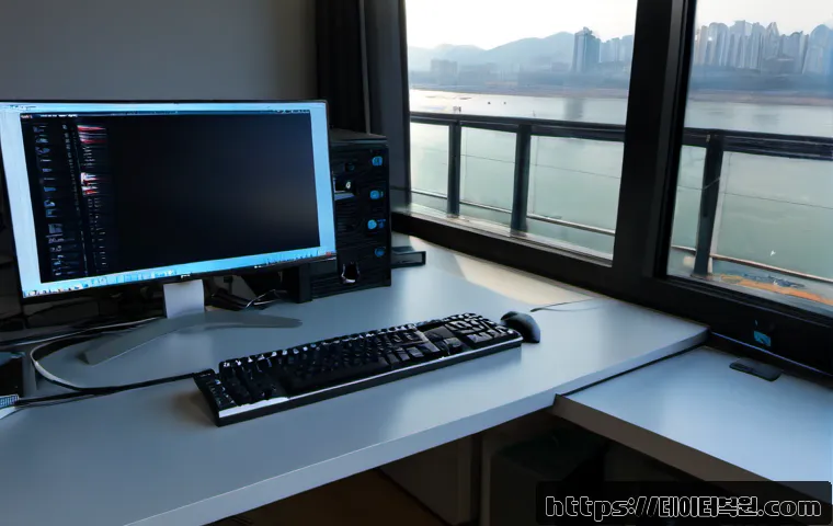 용산구 STATUS_MEMORY_VIOLATION - Photorealistic IT support workstation in Yongsan, Seoul, dual monitors showing a frozen abstract app...