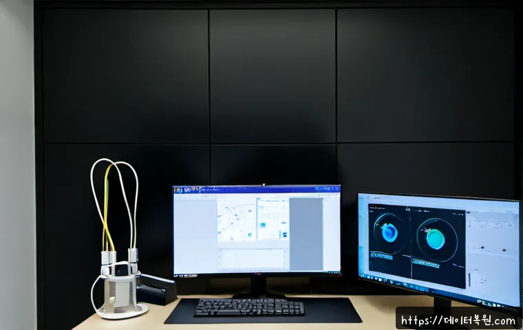 연건동 STATUS_PAGEFILE_MISSING - Photorealistic workstation in a compact Yeongeon-dong academic office, dual monitors showing an abst...
