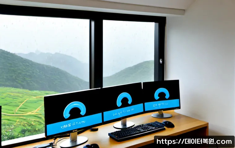 냉천동 STATUS_UNSUCCESSFUL - Photorealistic remote-support workstation in a compact hillside apartment office, dual monitors show...