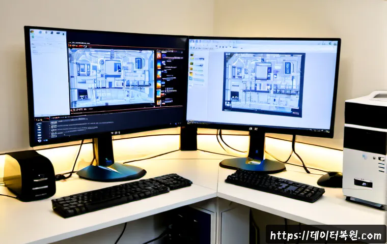 묘동 중고컴퓨터 pc 출장판매설치 - Photorealistic compact office in Myeongdong, technician installing a refurbished desktop PC beneath ...