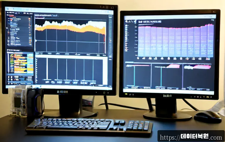 성북구 STATUS_PAGEFILE_MISSING - Photorealistic IT support workstation in Seongbuk-gu, dual monitors showing a clean abstract system ...