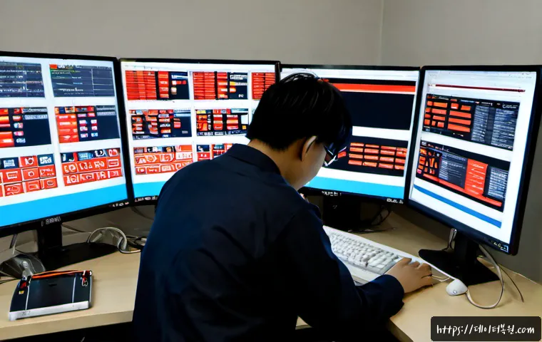 구수동 STATUS_INVALID_DISPOSITION - Photorealistic IT support workstation in a compact hillside neighborhood office, dual monitors showi...