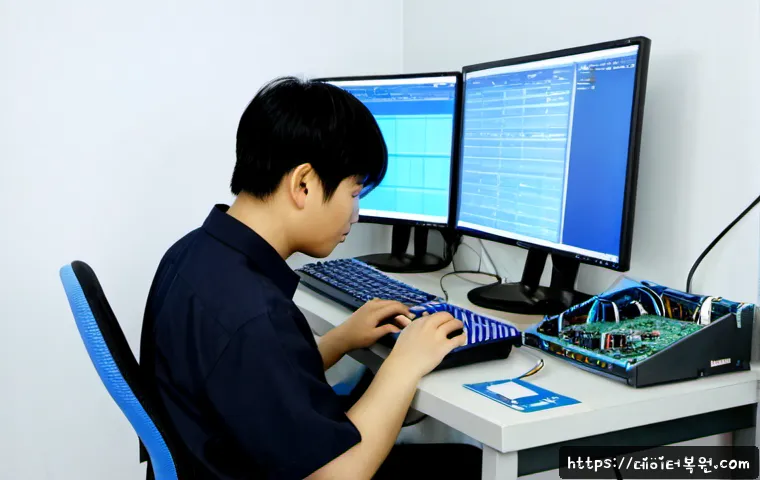 가리봉 DPC_WATCHDOG_VIOLATION - Photorealistic remote IT support workstation in a compact Garibong electronics workshop, dual monito...