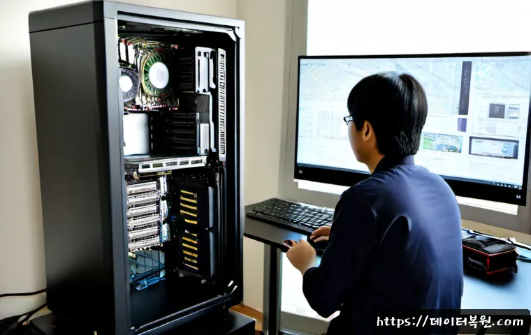 충현동 컴퓨터업그레이드 - Photorealistic computer upgrade service in a compact modern workstation, technician installing a hig...