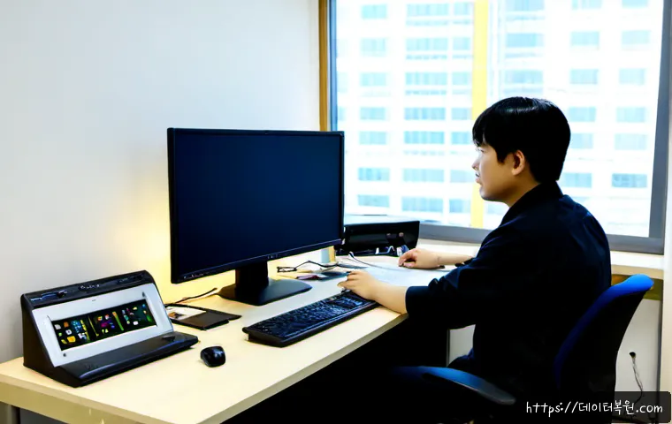 장교동 STATUS_KERNEL_MODULE_NOT_FOUND - Photorealistic IT support workstation in a compact Janggyo-dong office, technician examining an open...