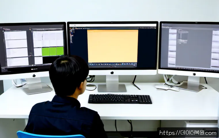 주교동 STATUS_SYSTEM_LICENSE_INVALID - Photorealistic compact engineering office in Jugyo-dong, Seoul, an IT technician seated at a dual-mo...