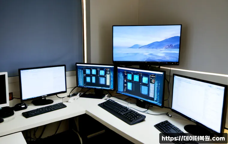 신촌동 SESSION_HAS_NO_PAGEFILE - Photorealistic IT support workstation in a compact Sinchon neighborhood office, dual monitors showin...