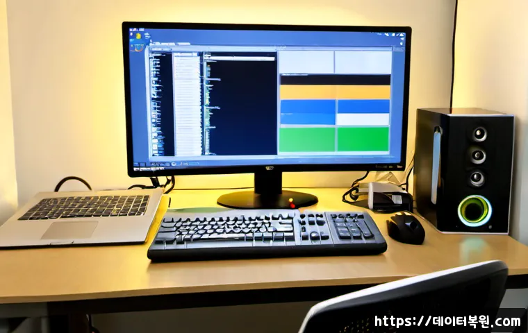 효창동 STATUS_DISK_NOT_INITIALIZED - Photorealistic remote-support workstation in a compact Hyochang-dong apartment office, dual monitors...