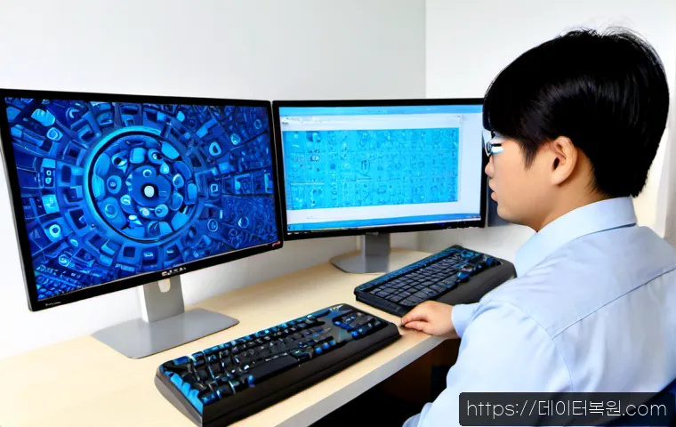 목동 STATUS_KERNEL_THREAD_FAILURE - Photorealistic IT support workstation in a modern Mokdong office tower, dual monitors showing abstra...