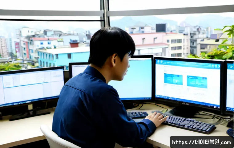 장사동 KERNEL_SECURITY_CHECK_FAILURE - Photorealistic remote IT support workstation in a compact Jangsa-dong office, dual monitors showing ...