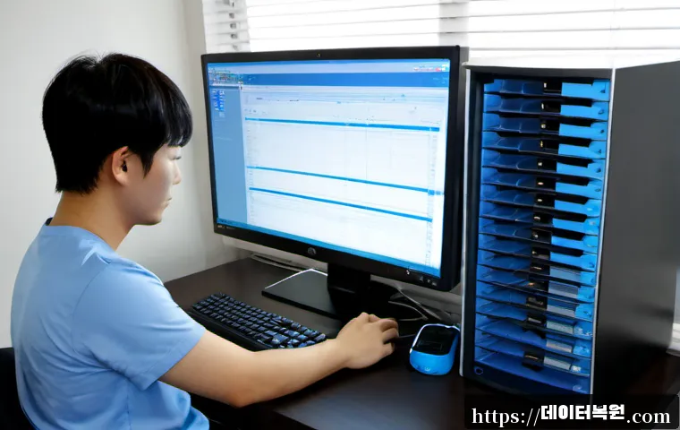 전농동 UDFS_FILE_SYSTEM - Photorealistic IT support workstation in a compact Jeonnong-dong office, technician examining a desk...