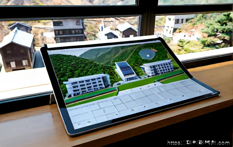 신교동 STATUS_ILLEGAL_INSTRUCTION - Photorealistic architectural workstation in a quiet hillside neighborhood studio, dual monitors disp...