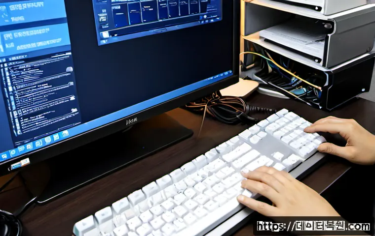 직동 Press Ctrl Alt Del to restart - Photorealistic desktop support workstation in a compact Korean neighborhood office, technician’s han...
