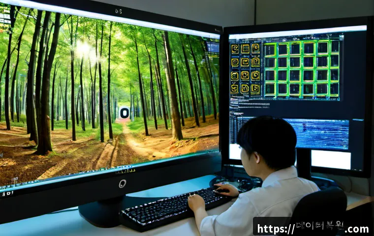 산림동 ATTEMPTED_EXECUTE_OF_NOEXECUTE_MEMORY - Photorealistic IT technician at a compact workstation in a forest-adjacent Seoul neighborhood office...