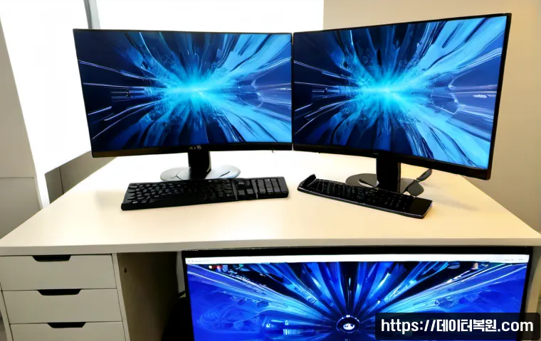 신수동 SYSTEM_THREAD_EXCEPTION_NOT_HANDLED - Photorealistic IT support workstation in a compact Sinsu-dong apartment office, dual monitors showin...