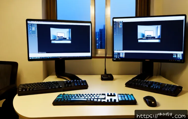화양동 STATUS_FLOAT_OVERFLOW - Photorealistic IT support workstation in a compact Hwayang-dong apartment office, dual monitors show...