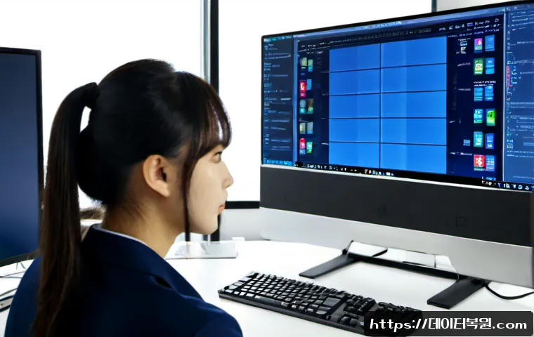 강서구 PAGE_FAULT_IN_NONPAGED_AREA - Photorealistic IT support workstation in Gangseo-gu, Seoul, dual monitors showing a blank blue syste...