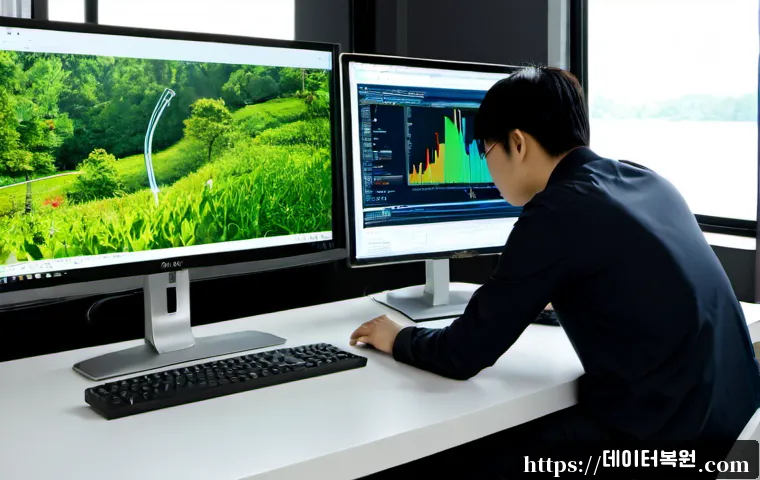 강일동 STATUS_NO_MEMORY - Photorealistic remote IT support workstation in a modern apartment near a leafy riverside district, ...