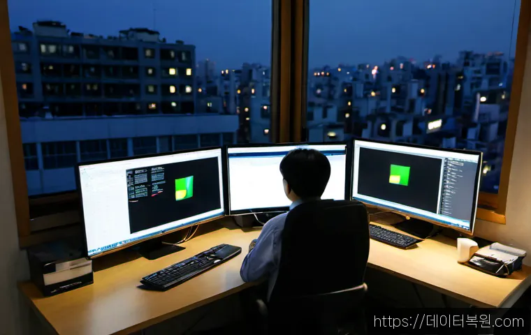 노온사동 STATUS_SESSION_TIMEOUT - Photorealistic compact office workstation in a quiet Seoul outer-neighborhood building, an exhausted...