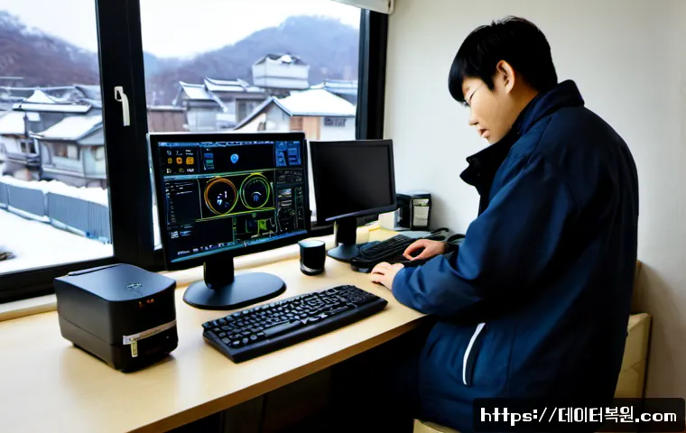 서계동 STATUS_EXECUTION_TIMEOUT - Photorealistic remote-support workstation in a compact Seogye-dong office, dual monitors showing a c...
