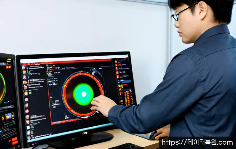 대신동 STATUS_DISK_CORRUPTION - Photorealistic remote IT support workstation in a compact Daesin-dong office, dual monitors showing ...