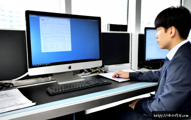 재동 STATUS_FILE_INVALID - Photorealistic IT support workstation in a compact Seoul office, dual monitors showing abstract blan...