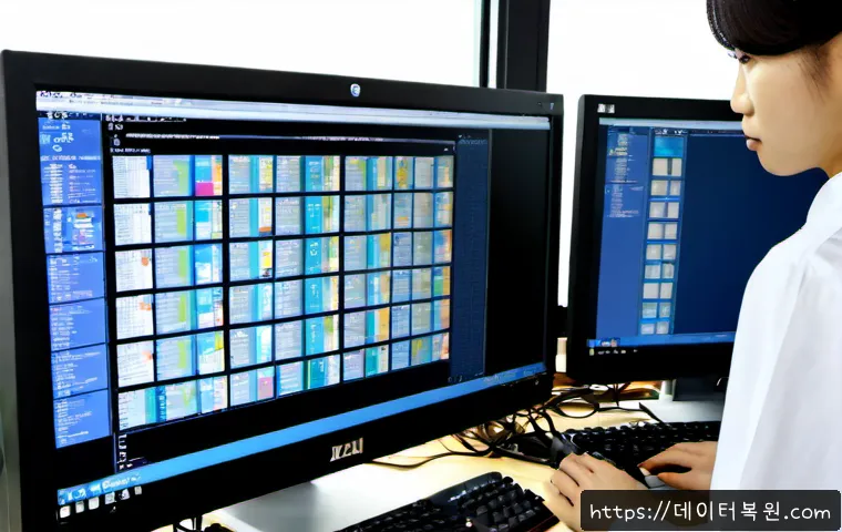 천호동 STATUS_FILE_CORRUPTION - Photorealistic IT support workstation in a compact Cheonho-dong office, dual monitors showing abstra...
