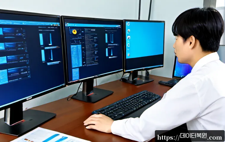 쌍령동 STATUS_KERNEL_FILE_SYSTEM_ERROR - Photorealistic IT support workstation in a modern office near a quiet Korean residential district, d...